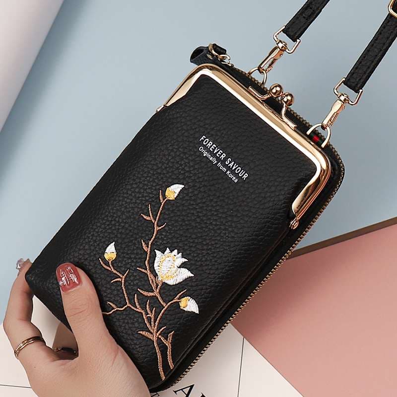 ポシェット　花刺繍入り多機能ポシェット